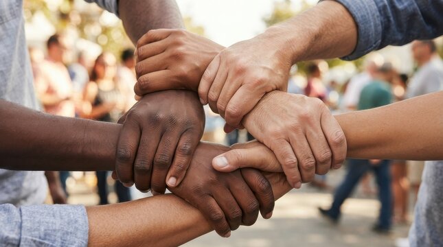 Diverse hands stacked together showing teamwork and unity outdoors