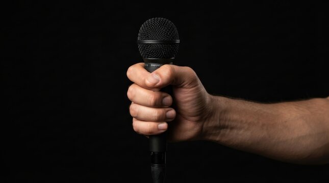 Hand holding black dynamic microphone on dark background