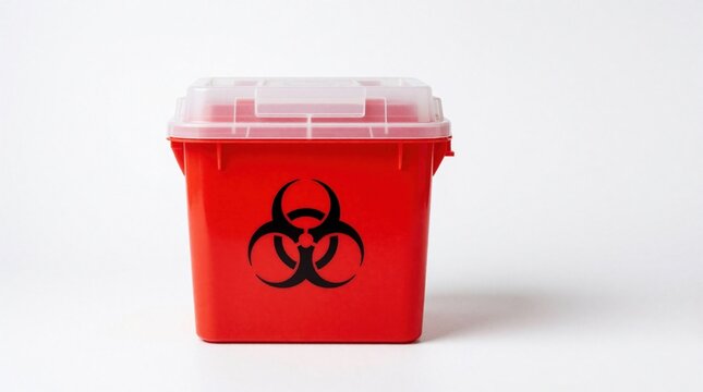 Red sharps container with black biohazard symbol, translucent lid. Medical waste bin for safe needle, syringe disposal on white background. Plastic receptacle protects staff from infection risk in
