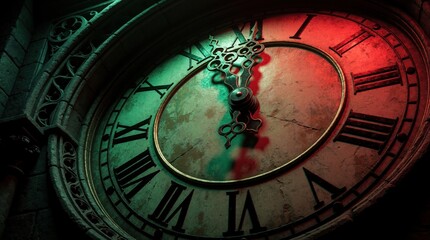 Obraz premium Antique clock face with Roman numerals shows late hour. Dramatic red and green light bathes old time piece. Clock hands approach midnight hour.