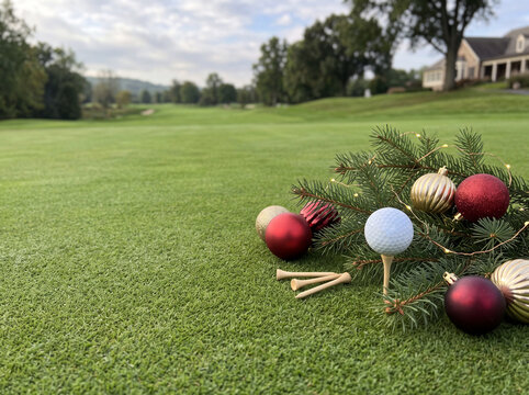 Christmas Golf Flat Lay with Red Holiday Decorations 
