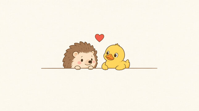 Cute Hedgehog and Duckling Friends with Heart