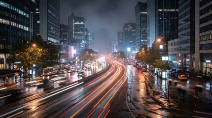 Obraz premium Long exposure shot of city street with vehicle light trails on wet night road