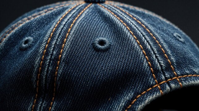Close up of blue denim baseball cap showing textured fabric and orange stitching detail. This headwear has air vents and is made from quality material perfect for casual wear.