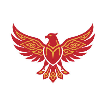 Stylized Red and Gold Phoenix Bird Illustration with Ornate Decorative Patterns for Logo Design