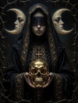 Blindfolded priestess holds golden skull near crying moon faces. Woman wears ornate black gothic robes with gold trim and thorny branches frame her. Mystical dark fantasy scene.