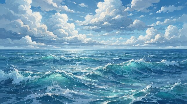 Ocean waves and cloudy blue sky in anime style