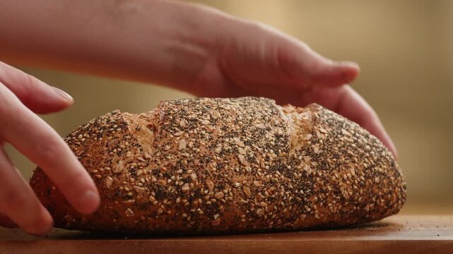 Bread table, healthy Rustic Spanish table with assorted European bread, whole grain loaf, seeded bread and small baguette