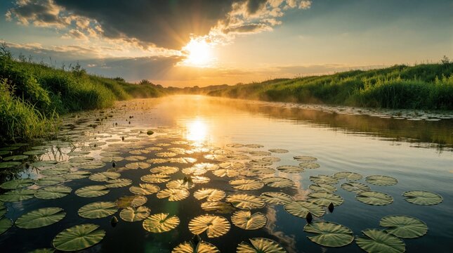 Golden sunbeams pierce clouds over tranquil river with abundant water lilies. Rich green banks border calm water reflecting warm sunset glow. Peaceful natural landscape scene.