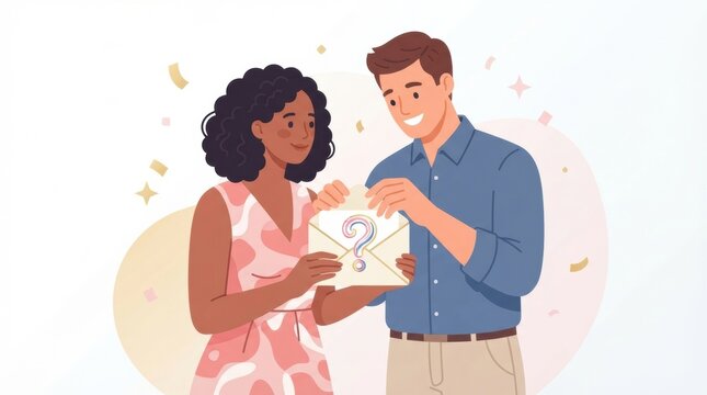 A couple is excitedly holding an envelope during a gender reveal party, surrounded by colorful confetti and balloons at the event.