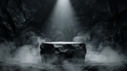 Obraz premium Black stone podium in a dark cave with smoke and spotlight