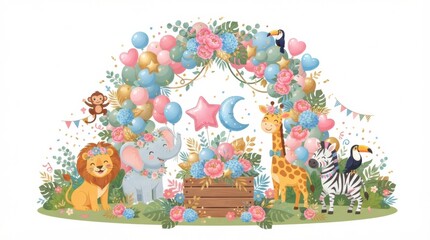 Fototapeta premium A gathering to reveal the babys gender features animals, balloons, and flowers in a festive setting. Guests celebrate with joy.
