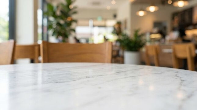 Empty marble table in a blurred cafe interior background