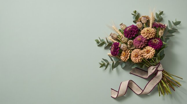 Rustic dried flower bouquet, autumn floral arrangement, botanical flat lay