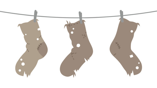 Old dirty socks hanging on a clothesline with holes and patches in vector illustration