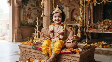Fototapeta premium Young child dressed in traditional attire holding a flute and butter pot