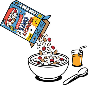Crunchy oats breakfast cereal pouring from box package into a bowl next to orange juice glass vector illustration