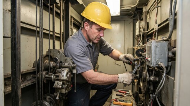 Technician repairing elevator machinery in a control room