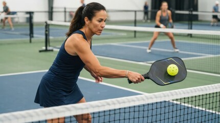 Fototapeta premium Woman playing pickleball hitting the ball over the net