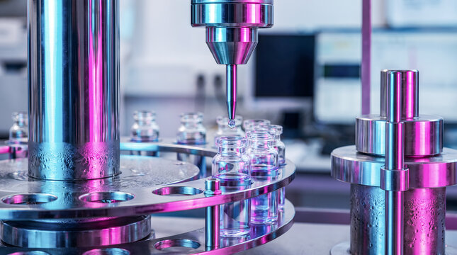 Pharmaceutical manufacturing conveyor system dispensing liquid into glass vials in laboratory setting