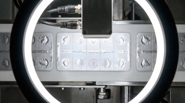 Pharmaceutical manufacturing conveyor system with blister packs under inspection light in facility
