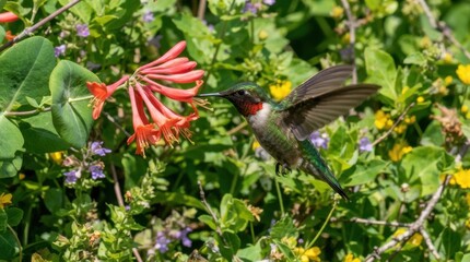 Obraz premium Ruby-throated hummingbird feeding on orange honeysuckle flowers