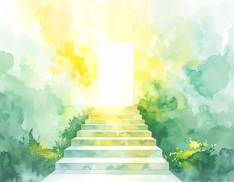 光へ続く階段と輝く扉を描いた抽象的な水彩風のイラスト　中央に未来への希望やキャリアの成功を予感させる明るい光の門と、一段ずつ上へ向かう階段を配置した、余白が多く文字入れに最適なコピースペースのある背景デザイン　ビジネスの成功や課題解決のプレゼン資料、セミナーのバナー、占いサイトのイメージ画像、キャリアアップの啓発コンテンツ、人生の転機や新しい挑戦をテーマにしたWebサイトのメインビジュアル