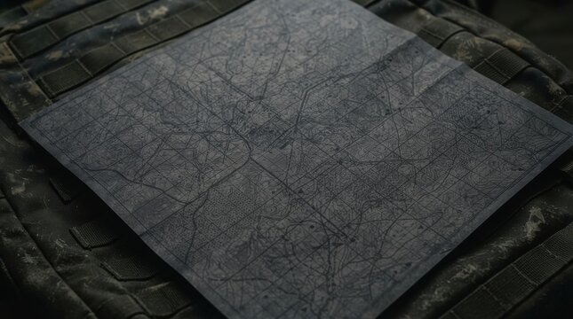 Tactical topographic map spread out on a camouflage backpack