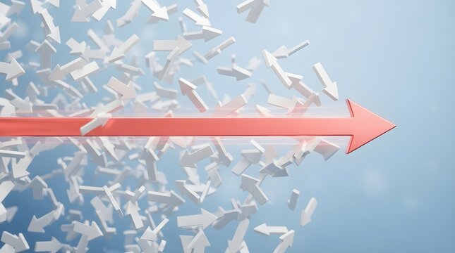 White paper arrows disrupted by bold red arrow in clean workspace design
