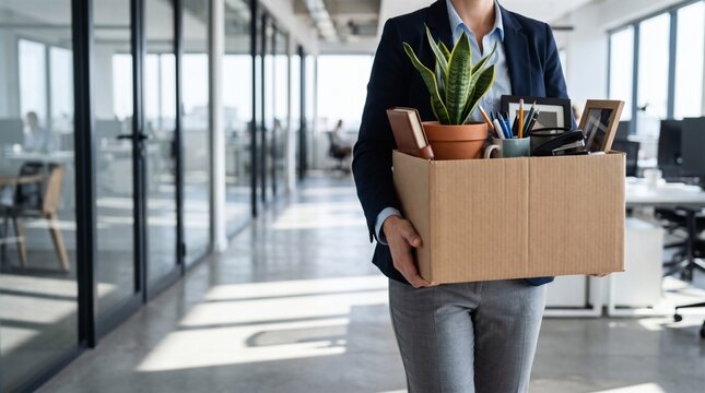 Dismissed businesswoman carrying cardboard box leaving corporate office, sad fired female employee in suit. Unemployed female executive confronts sudden job loss career crisis and economic.