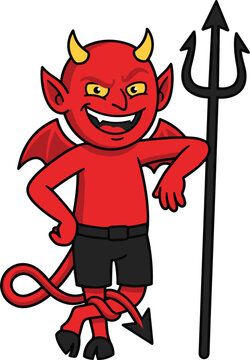 Funny cartoon red devil character standing casually leaning on a black pitchfork trident halloween vector illustration