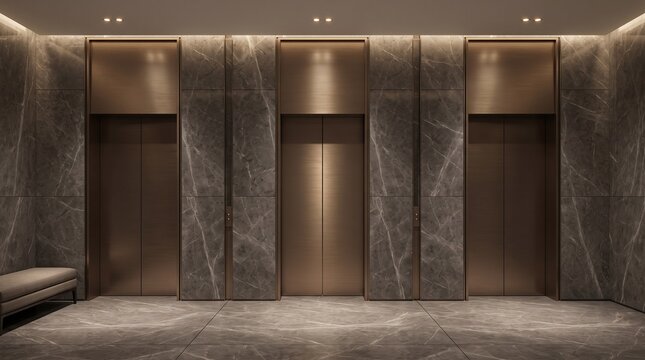 Dark marble elevator lobby with brushed bronze doors