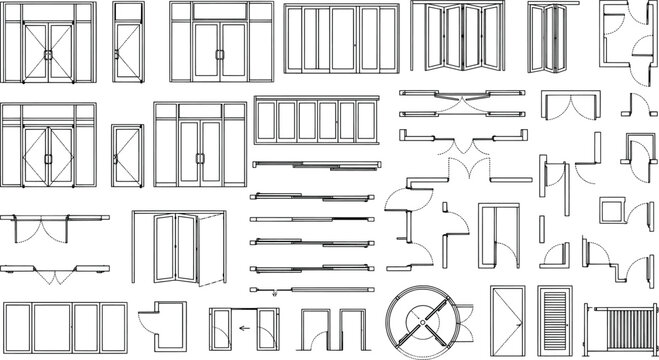 Architectural door and window symbols for floor plans and elevations, isolated on white background