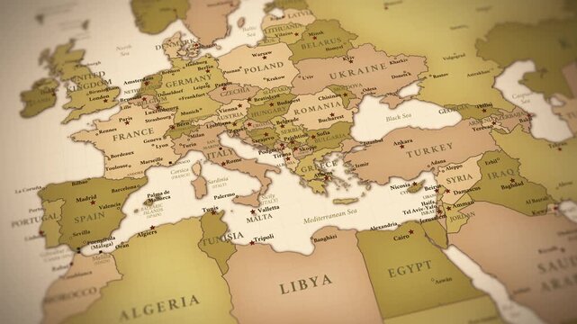 Vintage Europe Political Map Animation with Smooth Camera Movement