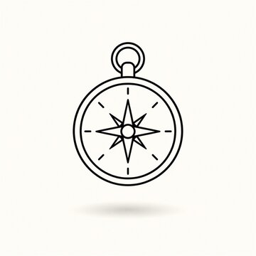 Minimal black line art compass pendant floating above a soft shadow on an off white background