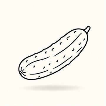 Minimal black line art cucumber floating above a soft shadow on an off white background