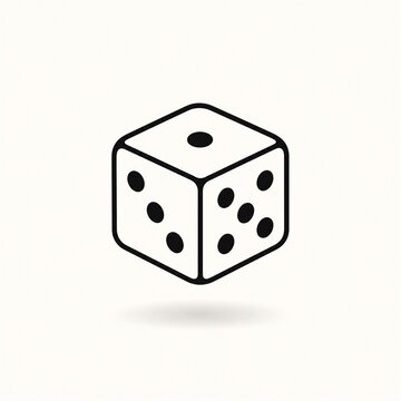 Minimal black line art dice floating above a soft shadow on an off white background