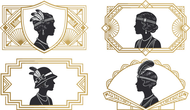 Vintage art deco 1920s flapper woman portrait emblem collection with golden geometric frames and retro lady silhouettes