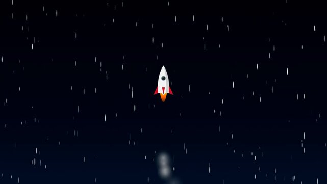 Minimalist rocket ship flying upward through a dark blue starry night sky