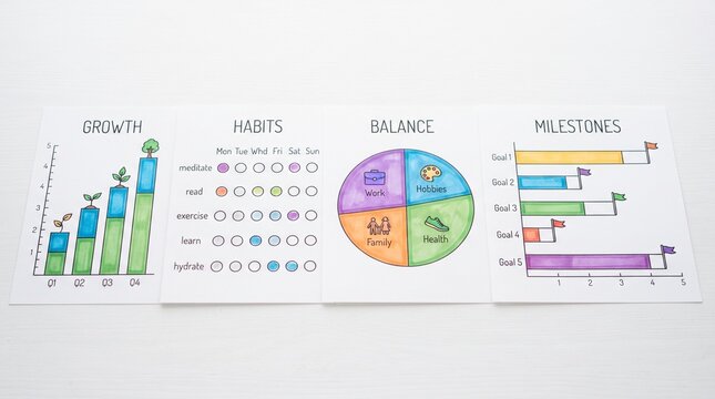 Personal development plan with growth chart habit tracker balance wheel and goal milestones