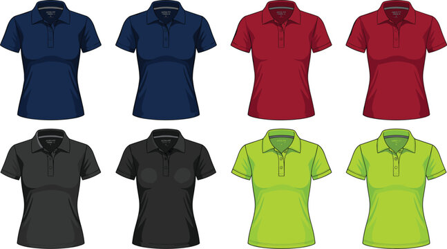 Women short sleeve polo shirt fashion technical sketch template vector collection showing multi color display mockups