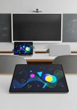 Interactive leadership development program features instructional technology, digital resources, and tablets in a modern classroom, facilitation, data, equipment