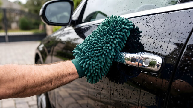 Person using a green microfiber wash mitt to clean a wet black car exterior, professional automotive detailing, vehicle maintenance service.