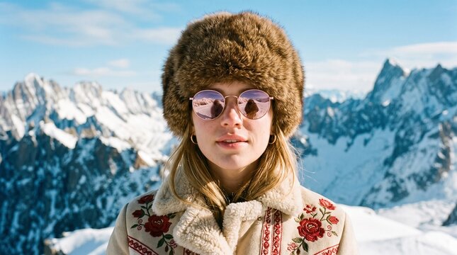 Young woman in fur hat and sunglasses standing against snowy mountain peaks. Stylish winter fashion portrait with embroidered coat. Travel, vacation and alpine adventure concept.