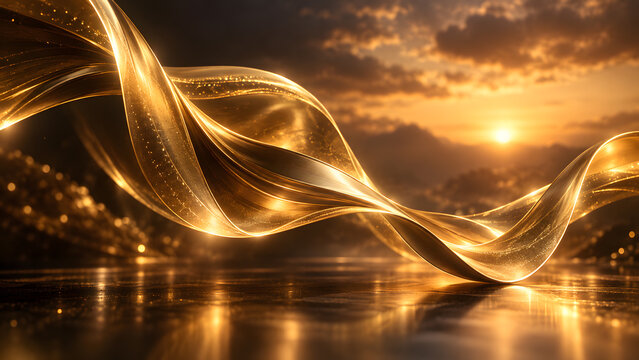 Shiny gold ribbon waves flowing in front of warm sunset clouds