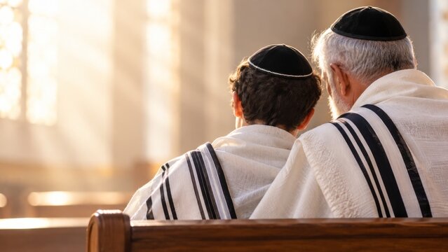 Jewish men wearing prayer shawls, viewed from behind. A father and son praying together in a synagogue. The image highlights religious traditions and family bonds.