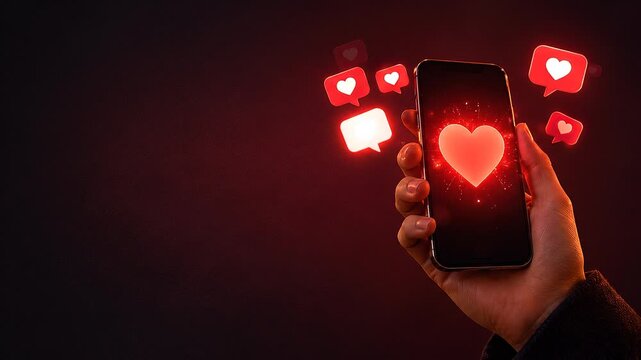 Hand holding a smartphone with a glowing heart and red speech bubbles; concept of digital love, online dating, romantic messages, and flirting.