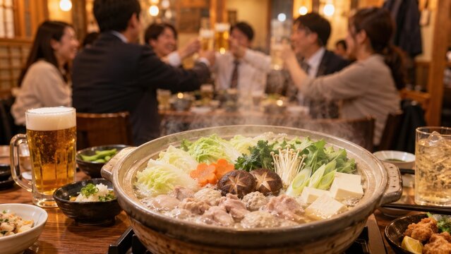 鍋越しに見る冬の会社忘年会