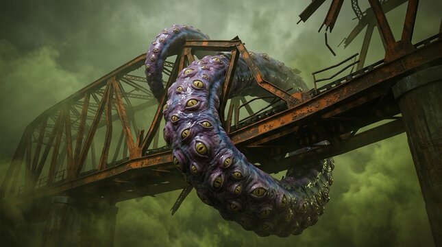 Giant multi eyed tentacle creature wrapped around a rusty bridge
