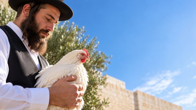 A religious man holds a white chicken with care against an ancient wall. The mans face is solemn, reflecting traditional customs. This scene captures cultural practices and historical settings